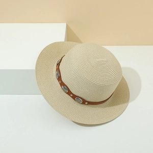 Flat top straw sun hat with rivet leather band and silver concho accents for women