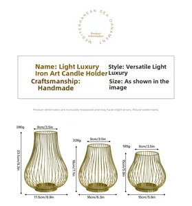 Size chart for a 3-piece set of luxury gold iron candle holders with dimensions