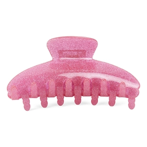 Close-up of a pink glitter acrylic hair claw clip for elegant women's hairstyles