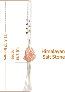 Himalayan salt stone car hanging with woven net and colorful chakra beads, 12 inches long