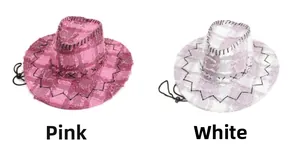 Close-up of pink and white cowboy hats with black stitching and adjustable chin straps