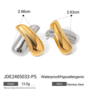 Detailed view of two-tone stainless steel X-shaped earrings with size dimensions