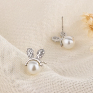 Cute bunny pearl earrings in S925 sterling silver with sparkling zircon accents