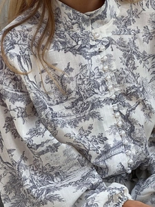 Détail du tissu à imprimé Toile de Jouy avec boutons perlés et col montant élégant