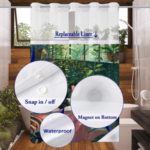 Detail of waterproof tropical shower curtain with snap-in liner and magnetic bottom