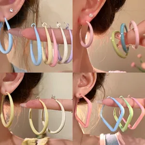 Colorful Hoop Earrings Alloy Geometric Smooth Macaron Dopamine Style Jewelry With Silver Earring Post For Women