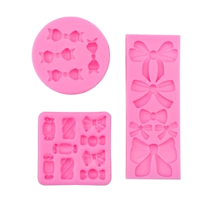 Pink silicone candy bow molds set in round, square and rectangle shapes for DIY cake decor
