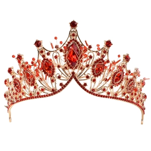 Luxurious gold crown for brides featuring vibrant red rhinestones and gemstones