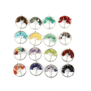 Detailed grid of sixteen tree of life pendants with colorful natural gemstones and silver wire