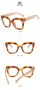 Three-view layout of retro cat-eye anti-blue light glasses in amber tortoiseshell finish