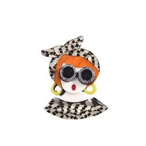 Artistic acrylic brooch featuring a girl with orange hair and stylish checkered headband