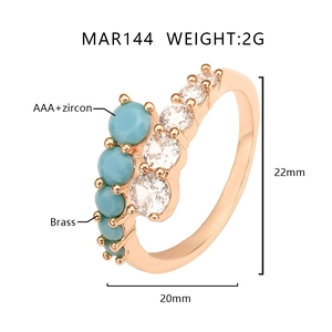 Detail view of rose gold copper ring with turquoise stones and AAA+ zircon, 2g weight
