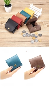 Close-up of minimalist cowhide leather coin purse with metal snap button and neat stitching