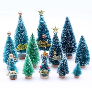 Miniature Christmas Tree Bottle Brush Sisal Satin Flocked Snow Wood Base Tabletop Xmas Ornament Party Decor