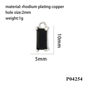 Detailed dimensions of 10x5mm rectangle black zircon pendant with rhodium plating copper