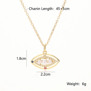 Gold plated evil eye necklace with pearls and zircon, 45+5cm chain size details