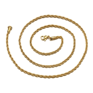 Detail of a golden stainless steel rope chain necklace featuring a secure lobster clasp
