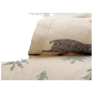 Christmas reindeer and green pine tree prints on beige textured faux linen tablecloth