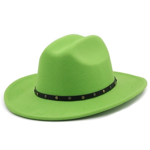 Detail of neon green wool fedora with a black studded leather band and cowboy hat crown