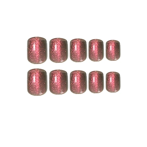 Short round pink cat eye press-on nails with holographic glitter 10pcs set