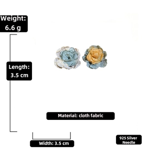 Detailed view of 3.5cm fabric flower earrings with 925 silver needles weighing 6.6g