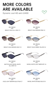 Detailed catalog showing eight colors of rimless rhinestone diamond cut sunglasses with UV400