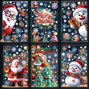 Christmas window decals set with Santa Claus, Snowman, and snowflakes on a dark pane