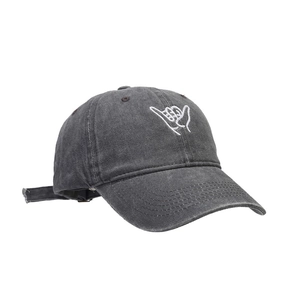 Distressed dark grey baseball cap with white finger embroidery and curved brim