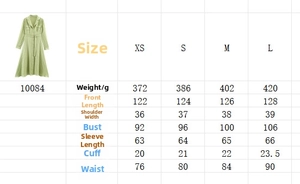 Size chart for slim fit striped utility dress showing garment dimensions and weights