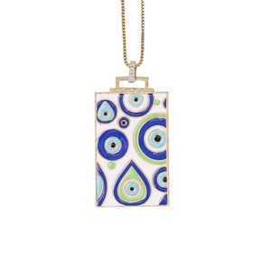 Detail of gold evil eye rectangle pendant with turquoise enamel and crystal bail
