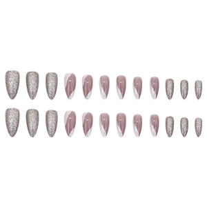 Silver glitter and pink almond press-on nails set with wavy patterns in 24 pieces