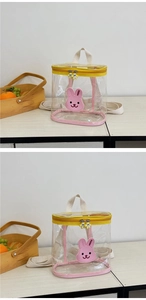 Detail of the yellow and pink clear kids backpack featuring a cute rabbit patch