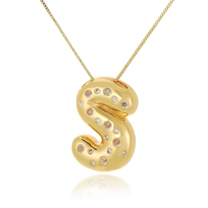 Detail of 18k gold plated chunky letter S pendant with sparkling zircon inlay