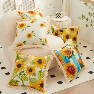 Sunflower Decorative Throw Pillow Linen Textured Floral Print With Tassel Fringe Soft Square Cushion For Sofa Couch Bed