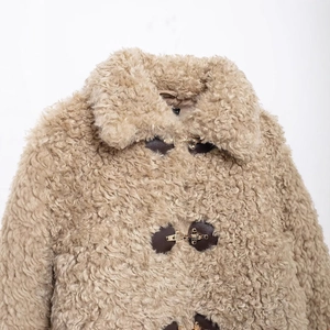 Fashionable camel fleece jacket with metal horn buttons and cozy turn-down collar