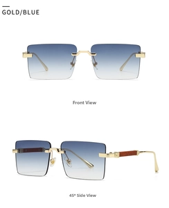 Front- und 45-Grad-Ansicht der randlosen Sonnenbrille mit blauen Verlaufsgläsern und Holzbügeln