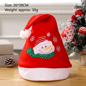Christmas hat with snowman embroidery and LED lights, red plush fabric, size 26x39cm
