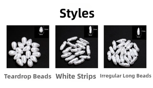 Three styles of white ABS pearl beads including teardrop, long bar, and irregular shapes