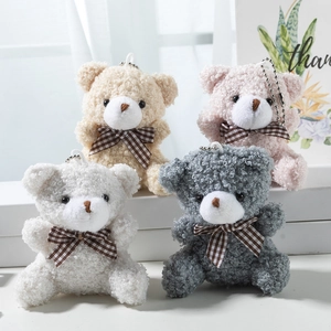 Mini Teddy Bear Plush Keychain Curly Hair Bear Bag Pendant With Gingham Bow Tie Cute Animal Soft Toy For Kids Women