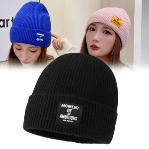 Knitted Beanie Winter Warm Ribbed Soft Hat With Letter Patch Fashion Casual Unisex