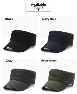 Detail of army caps in black, navy, grey, and army green with bird embroidery detail