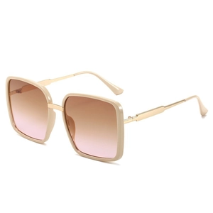 Gafas de sol cuadradas vintage con montura beige y patillas de metal dorado elegantes