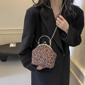 Vintage leopard print shell bag with golden metal handle and chain strap for women