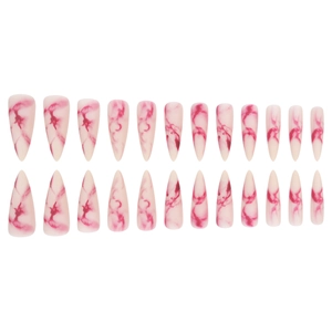 Long almond press on nails with red marble smoke pattern on nude base, 24 pieces set