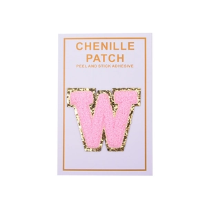 Detailed pink chenille letter W embroidery patch with gold glitter edge and peel-and-stick backing