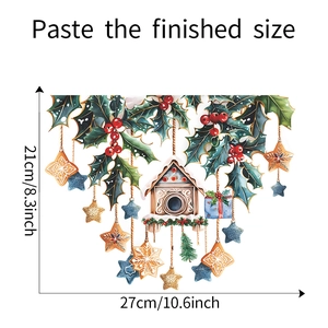 Detail of Christmas wall sticker with watercolor birdhouse, holly leaves and stars