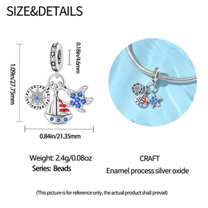 Size details of nautical bead charm with enamel sailboat, compass and blue zircon starfish