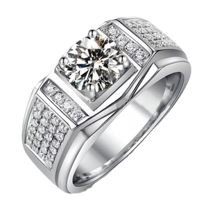 Luxurious men's wide band ring featuring a brilliant round center stone and pave diamonds