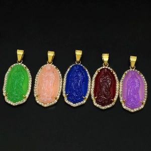 Virgin Mary Pendant Necklace Stainless Steel Resin Chalcedony Oval Rhinestone Religious Christian Jewelry For Women