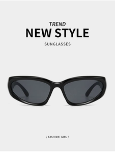 Close-up of sleek black Y2K wraparound sunglasses with dark grey lenses for sports